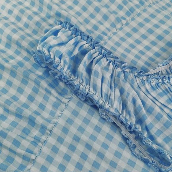 Retro Sky Blue Gingham Picnic Dress Tiered Maxi Long Prairie Sundress 50s 60s - Picture 2 of 11